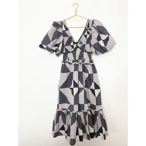 Bohme Brielle Patchwork Midi Dress Size Medium Puff Sleeve Check Plaid Boho thumbnail 4