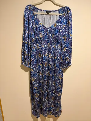 J. Crew V-neck Midi Dress in Fête Floral Print Blue Satin Long Sleeves Medium thumbnail 4