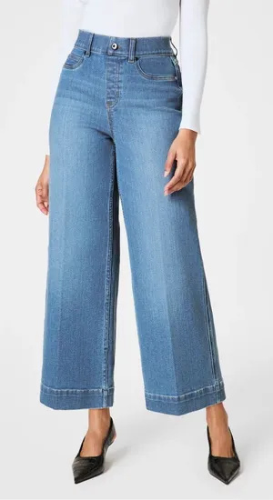 SPANX EveryWear Cropped Wide Leg Jeans in Stonewash Blue Size Large thumbnail 1