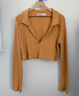 Free People Large Deep V Neck Collar Long Sleeve Rib Mustard Yellow thumbnail 1