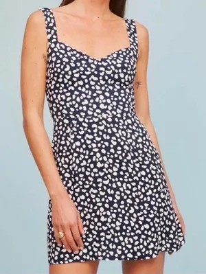 REFORMATION Humphrey Dress Navy White‎ Abstract Animal Print Mini Sweetheart 4 S thumbnail 1