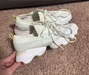 Sorel White Knit Lace-Up Platform Sneakers with Gum Outsole and Yellow Heel Tab thumbnail 1
