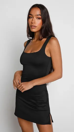 Tiger Mist Black Simple Elegant Hugo Bodycon Flare Dress thumbnail 3