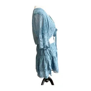 Free People Mini Dress XL Lala Lace V-Neck Flutter Sleeve Coquette Baby Denim thumbnail 4