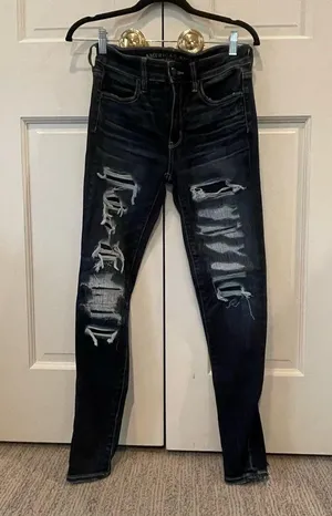 Women's American Eagle Distressed Dark Denim Skinny Jeans thumbnail 2