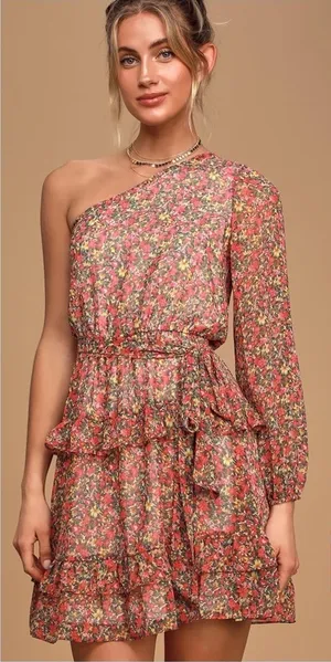 LULU’S Anew Romance Pink Floral Print One Shoulder Ruffled Mini Dress thumbnail 1