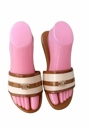 Brown & Cream Striped Slide Sandals thumbnail 2