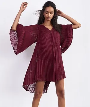 Anthropologie Toulon Pleated Mini Dress Burgundy/Plum Women's Size L (23” PTP) thumbnail 1
