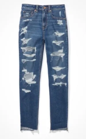 American Eagle Women’s Dark Wash Ripped Mom Jeans| Size: 4 long thumbnail 1