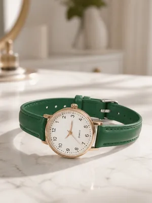 Geneva Green Leather Band w/ Gold Trim Quartz Wrist Watch Adjustable Band thumbnail 2
