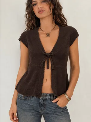 Y2K Tie Front Cardigan Top Cap Sleeve Boho Cottagecore Boho Festival Hippie thumbnail 1