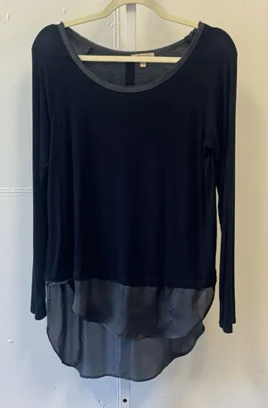 Bordeaux Black Mixed Media High Low Long Sleeve Top Small Raglan Satin Trim thumbnail 1