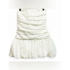 MESHKI‎ FRAN RUCHED COTTON MINI DRESS WHITE Strapless Drop Waist Bridal M NWT thumbnail 3