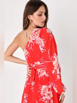 NEW Lulus Brunch Besties Red Floral One Shoulder Midi‎ Graduation Wedding Dress thumbnail 9
