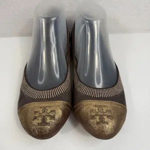 Tory Burch Sz 8.5 Gabby Ballet Flats Gun Metal Leather Gold‎ Cap Toe Logo Shoes thumbnail 2