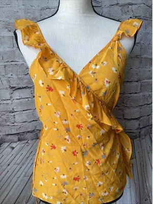 Madewell 100% Silk Floral Wrap Tank Top Ruffle Yellow V Neck Size‎ 6 thumbnail 1