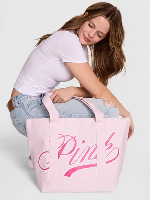 VS Victoria's Secret PINK Canvas Tote Bag Pink Gossip & White NEW thumbnail 1