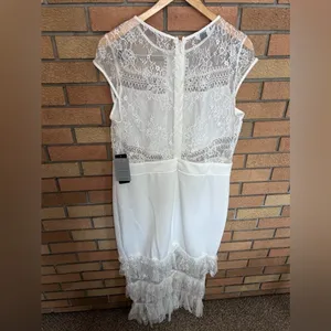 NWT BEBE Tiered Ruffle Lace Midi Dress Ivory Short Sleeve Size XL thumbnail 7