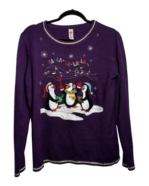 EUC Penguins Fa‎ La La La La-ing Christmas Carol Ugly Christmas Sweater - L thumbnail 1