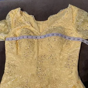 Women’s Yellow Lace Full Length Dress Mother of the Bride Small Train Zip Size L thumbnail 11