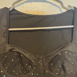 SHEIN Black with Rhinestones Faux Ribbed Bodysuit Sheer Long Sleeved Size XS thumbnail 4