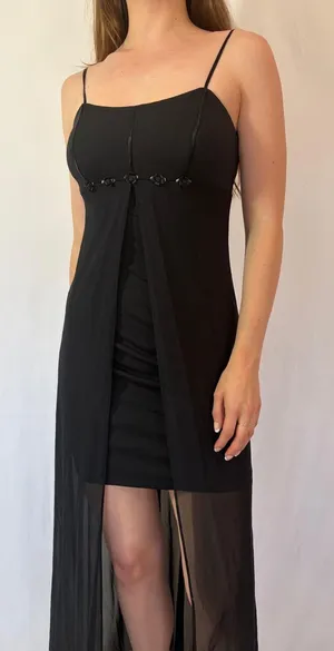 Vintage Blondie Nites Black Rosette Mesh Overlay High Low Evening Gown thumbnail 1