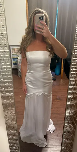 Bridal White Satin Strapless Dress with Shear Chiffon Underlay and Scarf with Pearl Beading thumbnail 4