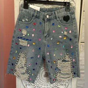 Streetwear bedazzled Jewel Studded bling frayed high Waisted Denim Shorts NWT LG thumbnail 6