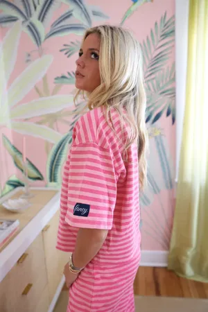 Striped Short Sleeve Top + Striped Button Pants Pink Size L thumbnail 2