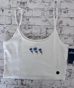 Hollister White Ribbed Baby Cami Blue‎ Floral Embroidery Adjustable Straps Large thumbnail 1