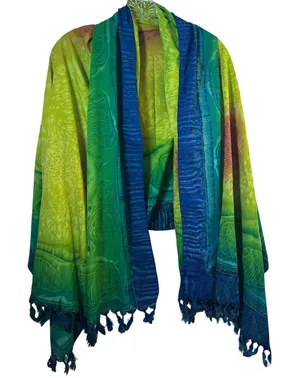 Rima Tropical Fish Batik Sarong Wrap Green Blue Tassel Fringe Beach‎ Cover Up thumbnail 1