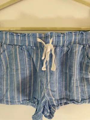 High-Waist Light Blue Striped Drawstring linen blend Shorts thumbnail 2