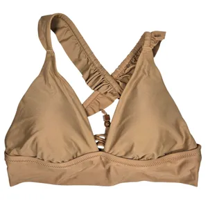 Aerie Triangle‎ Bikini Top Tan Ruffle Straps Lace Up Back Size L thumbnail 1