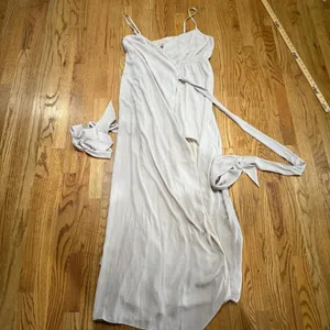 Mumu Maxi‎ Dress Beige Spaghetti Strap Wrap Front Slit Tie Waist thumbnail 2