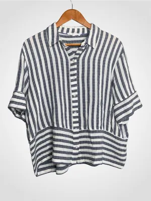 Jane and Delancey Blue and White Striped Button-Front Blouse Medium thumbnail 1