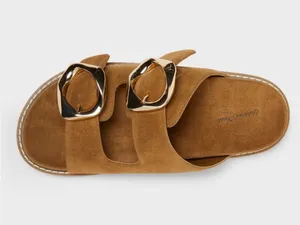 Universal Threads Suede Double-Buckle Slide Sandals in Brown with Gold Hardware thumbnail 3