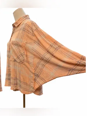 Free People Gauze Button Front Shacket Shirt Peach Gray Plaid Medium thumbnail 2