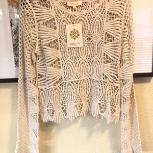 Rebellion NEW Cream Cotton Crochet Long Sleeve Sweater M thumbnail 2
