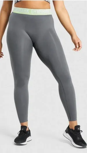 Gymshark Fit Seamless‎ Leggings Gray / Neon Green Waistband Size Medium thumbnail 1