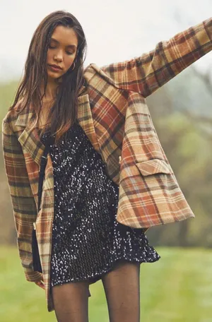 Free People Wool Mari Tartan Plaid Blazer Winter Wheat Large Dark Academia thumbnail 1