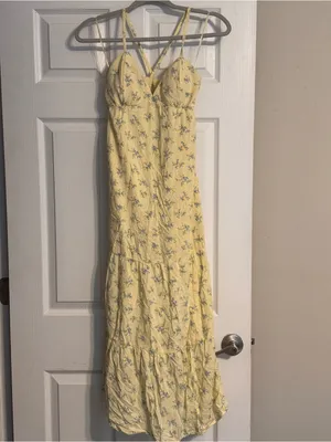 Hollister Pale Yellow Blue Floral Print Adjustable Strap Open Back Slip Dress XS thumbnail 3