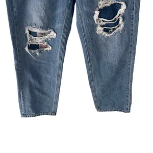 American Eagle Women's Size 8 Mom Plaid Patch‎ Distressed Straight Jeans thumbnail 3