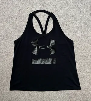 Under Armour Heat Gear Black Gloss Logo Strappy Racerback Cutout Tank Top thumbnail 1