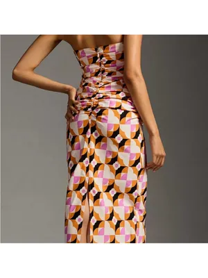 By Anthropologie Printed Strapless Slim Ruched Geometric Midi Dress thumbnail 3