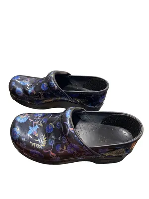Dansko wms black blue floral leather nursing mules clogs sz 38/7.5-8 SKU 10-213 thumbnail 4