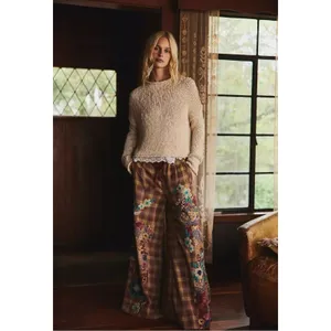 Free People Bohemian Brooks Embroidered Plaid Wide Leg Patchwork Pants Size XL thumbnail 2