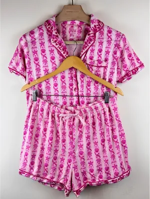 Pink Palm Puff Blush Bay Pajama Set Pink Supima Cotton Shorts Top XL thumbnail 1