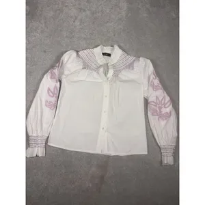 veroalfie‎ embroidered ruggle smocked blouse white Puff Sleeve Anthropologie 2 thumbnail 4
