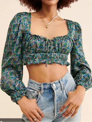 For Love And Lemons Alisa Blue Green Floral Sweetheart Long Sleeve Crop Top NWT thumbnail 1