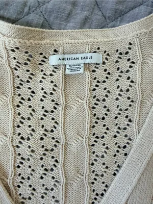 American Eagle Outfitters Cream Openwork V-Neck Cardigan thumbnail 2